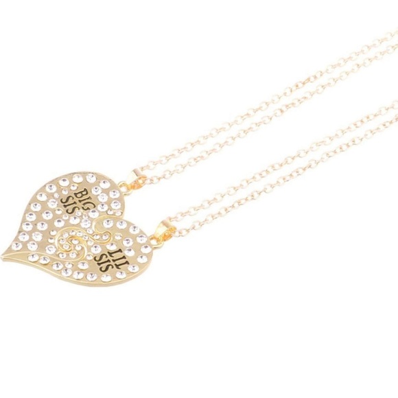 Necklaces Big Sis Lil Sis Set of 2 Gold Tone Heart Rhinestones - Picture 5 of 5
